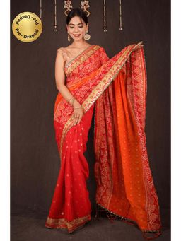 Isadora Life - Womens Bandhani Printed Orange Pre-Draped Saree With Unstitched Blouse