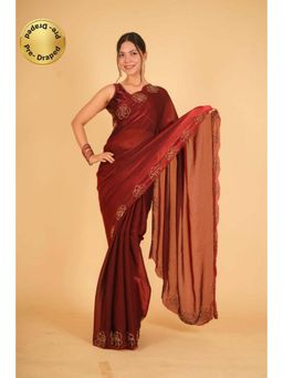 Isadora Life - Womens Sequined Maroon Pre-Draped Saree With Unstitched Blouse