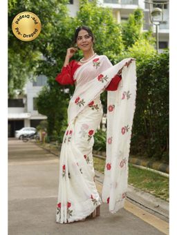 Isadora Life - Womens Embroidered White Pre-Draped Saree With Unstitched Blouse