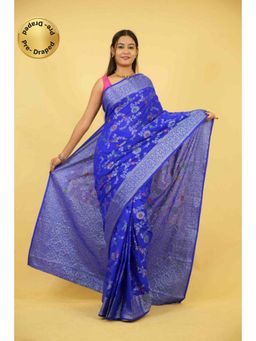 Isadora Life - Womens Woven Zari Blue Pre-Draped Saree With Unstitched Blouse