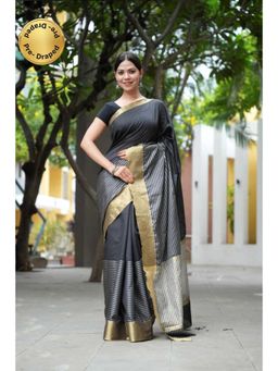 Isadora Life - Womens Stripes Zari Black Pre-Draped Saree With Unstitched Blouse
