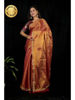 Isadora Life - Womens Solid Tassels Copper Pre-Draped Saree With Unstitched Blouse