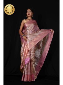 Isadora Life - Womens Woven Zari Pink Pre-Draped Saree With Unstitched Blouse