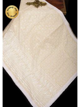 Shobitam - Womens Embroidered Lace Work Beige Pre-Draped Saree With Unstitched Blouse