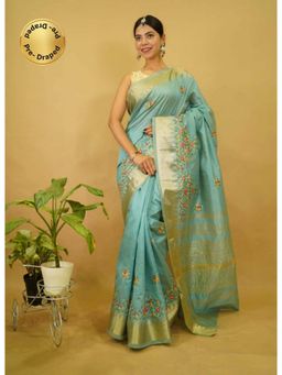 Isadora Life - Womens Floral Embroidered Blue Pre-Draped Saree With Unstitched Blouse