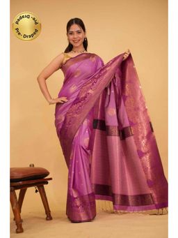 Shobitam - Womens Woven Tassels Purple Pre-Draped Saree With Unstitched Blouse