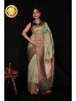 Shobitam - Womens Woven Tassels Green Pre-Draped Saree With Unstitched Blouse
