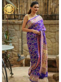 Shobitam - Womens Printed Tassels Purple Pre-Draped Saree With Unstitched Blouse