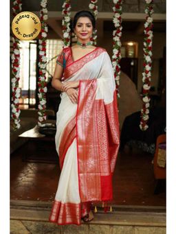 Shobitam - Womens Woven Tassels Off White Pre-Draped Saree With Unstitched Blouse