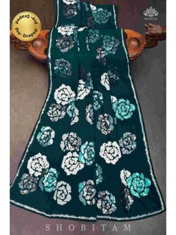 Shobitam - Womens Embroidered Sequined Teal Pre-Draped Saree With Unstitched Blouse