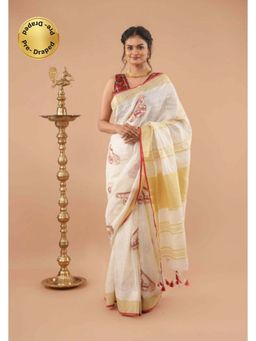 Shobitam - Womens Embroidered Tassels White Pre-Draped Saree With Unstitched Blouse