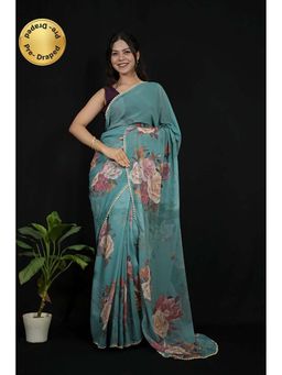 Isadora Life - Green Georgette Floral Pearl Border Saree With Unstitched Blouse