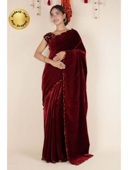 Isadora Life - Womens Solid Gota Maroon Pre-Draped Saree with Unstitched Blouse