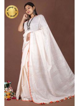 Isadora Life - Womens Solid Tassels White Pre-Draped Saree with Unstitched Blouse