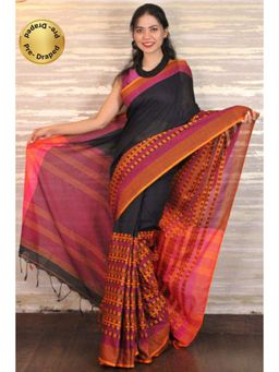 Isadora Life - Womens Woven Tassels Black Pre-Draped Saree with Unstitched Blouse