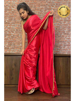 Isadora Life - Womens Solid Embroidered Red Pre-Draped Saree with Unstitched Blouse