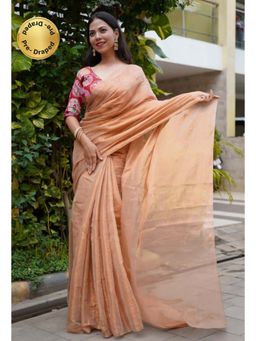 Isadora Life - Womens Solid Zari Beige Pre-Draped Saree with Unstitched Blouse