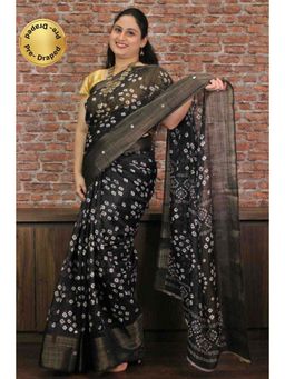 Isadora Life - Womens Bandhani Printed Black Pre-Draped Saree with Unstitched Blouse
