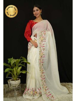 Isadora Life - Womens Embroidered Thread Work White Pre-Draped Saree with Unstitched Blouse