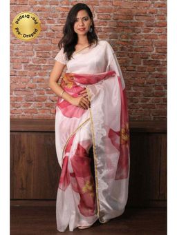 Isadora Life - Womens Floral Beads White Pre-Draped Saree with Unstitched Blouse