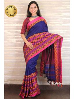 Isadora Life - Womens Woven Tassels Blue Pre-Draped Saree with Unstitched Blouse