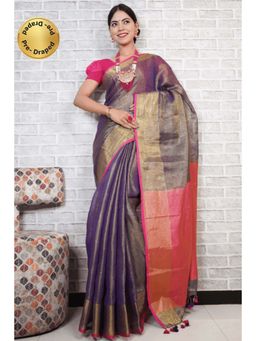 Isadora Life - Womens Solid Tassels Blue Pre-Draped Saree with Unstitched Blouse