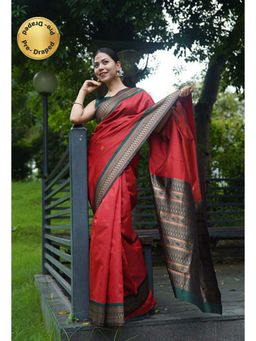 Isadora Life - Womens Solid Zari Red Pre-Draped Saree with Unstitched Blouse