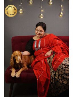 Isadora Life - Womens Printed Red Pre-Draped Saree with Unstitched Blouse