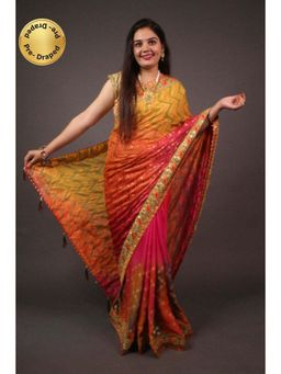 Isadora Life - Womens Ombre Embroidered Multi-Color Pre-Draped Saree with Unstitched Blouse
