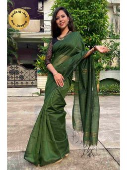 Isadora Life - Womens Woven Tassels Green Pre-Draped Saree with Unstitched Blouse