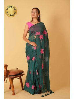 Isadora Life - Womens Embroidered Tassels Green Pre-Draped Saree with Unstitched Blouse