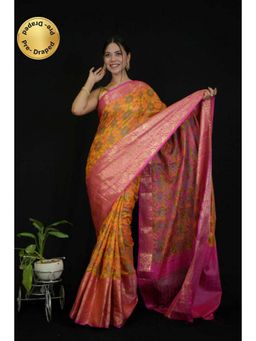 Isadora Life - Womens Floral Zari Yellow Pre-Draped Saree with Unstitched Blouse