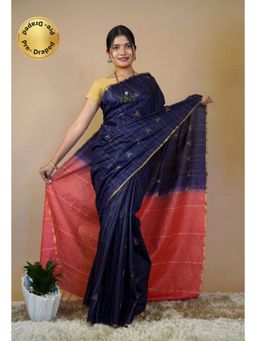 Isadora Life - Womens Stripes Tassels Navy Blue Pre-Draped Saree with Unstitched Blouse