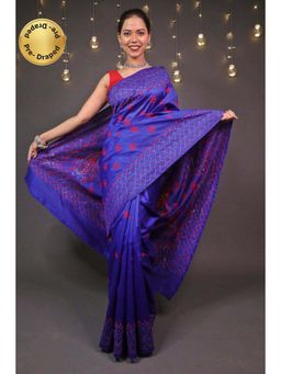 Isadora Life - Womens Embroidered Thread Work Purple Pre-Draped Saree with Unstitched Blouse