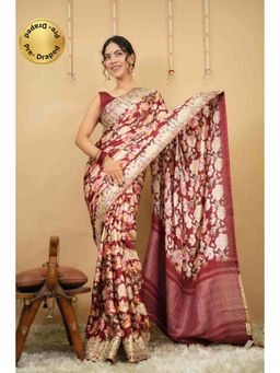 Isadora Life - Womens Floral Embroidered Maroon Pre-Draped Saree with Unstitched Blouse