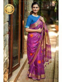Shobitam - Womens Woven Tassels Purple Pre-Draped Saree with Unstitched Blouse