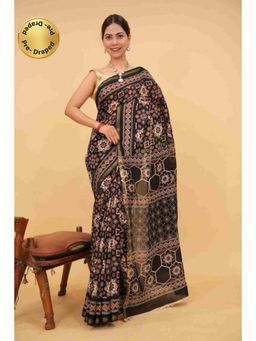 Isadora Life - Womens Block Print Black Pre-Draped Saree with Unstitched Blouse