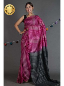 Isadora Life - Womens Stripes Embroidered Purple Pre-Draped Saree with Unstitched Blouse