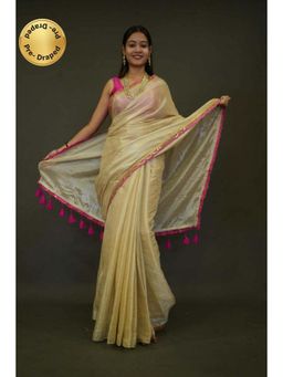 Isadora Life - Womens Solid Tassels Beige Pre-Draped Saree with Unstitched Blouse