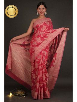 Isadora Life - Womens Floral Woven Pink Pre-Draped Saree with Unstitched Blouse