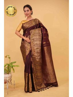 Shobitam - Womens Woven Tassels Purple Pre-Draped Saree with Unstitched Blouse