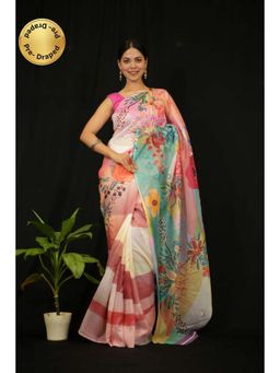 Isadora Life - Womens Floral Printed Multi-Color Pre-Draped Saree with Unstitched Blouse