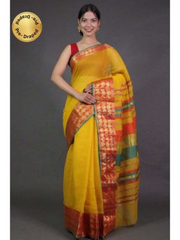 Isadora Life - Womens Woven Zari Yellow Pre-Draped Saree with Unstitched Blouse
