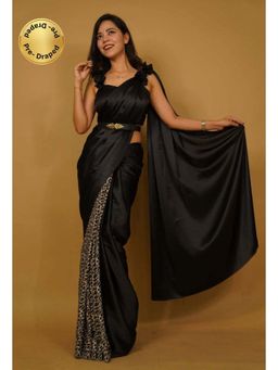 Isadora Life - Womens Animal Printed Black Pre-Draped Saree with Unstitched Blouse