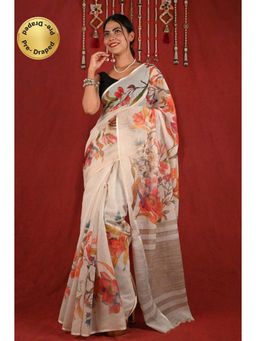 Isadora Life - Womens Floral Printed Off White Pre-Draped Saree with Unstitched Blouse