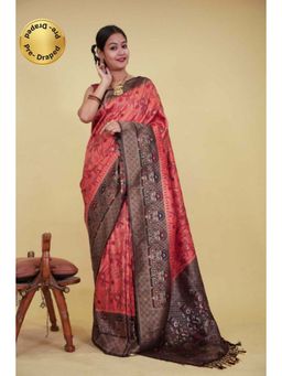Isadora Life - Womens Woven Tassels Peach Pre-Draped Saree with Unstitched Blouse