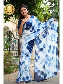 Isadora Life - Womens Tie & Dye Sequined Blue Pre-Draped Saree with Unstitched Blouse