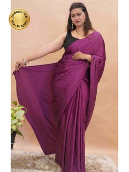 Isadora Life - Womens Beads Sequined Purple Pre-Draped Saree with Unstitched Blouse