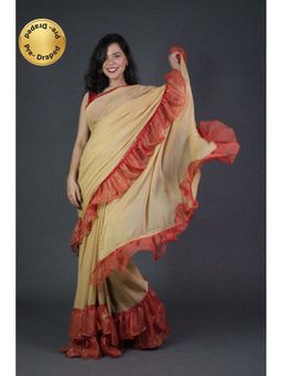 Isadora Life - Womens Solid Embroidered Beige Pre-Draped Saree with Unstitched Blouse