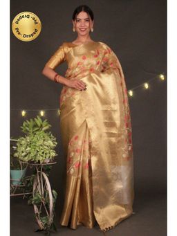 Isadora Life - Womens Floral Woven Gold Pre-Draped Saree with Unstitched Blouse